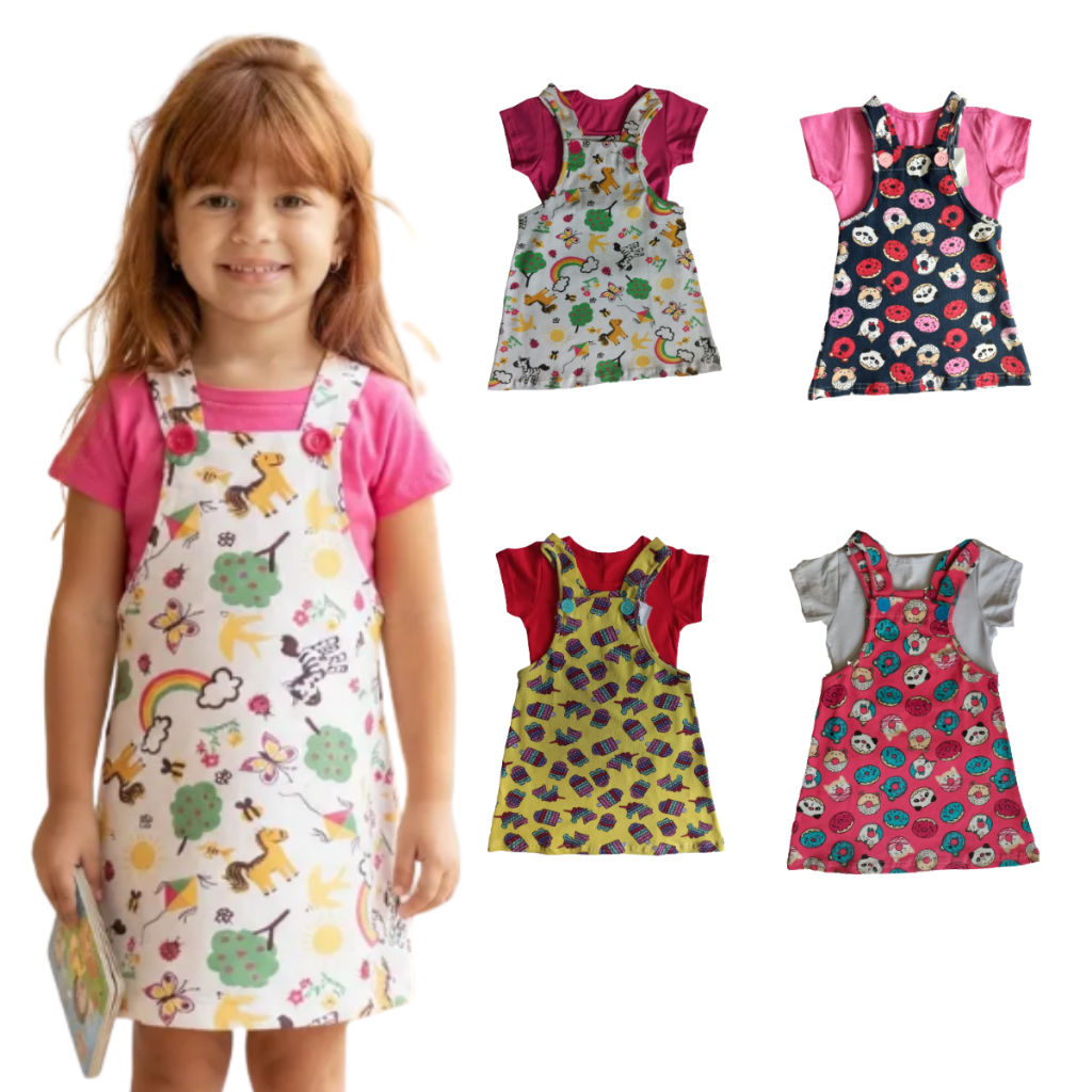 Conjunto Infantil Menina Salopete em Cotton estampado e Blusa em Algodão Confortável