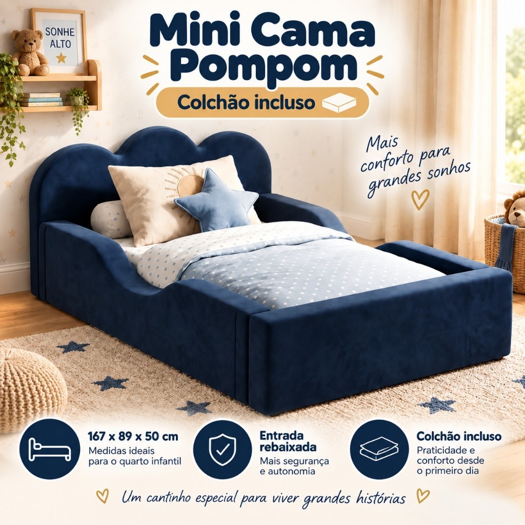 Mini Cama Infantil Montessoriana Pompom Espuma D26 Soft Menino Menina Proteção Lateral Bege Rosa Azul Com Colchão - AV