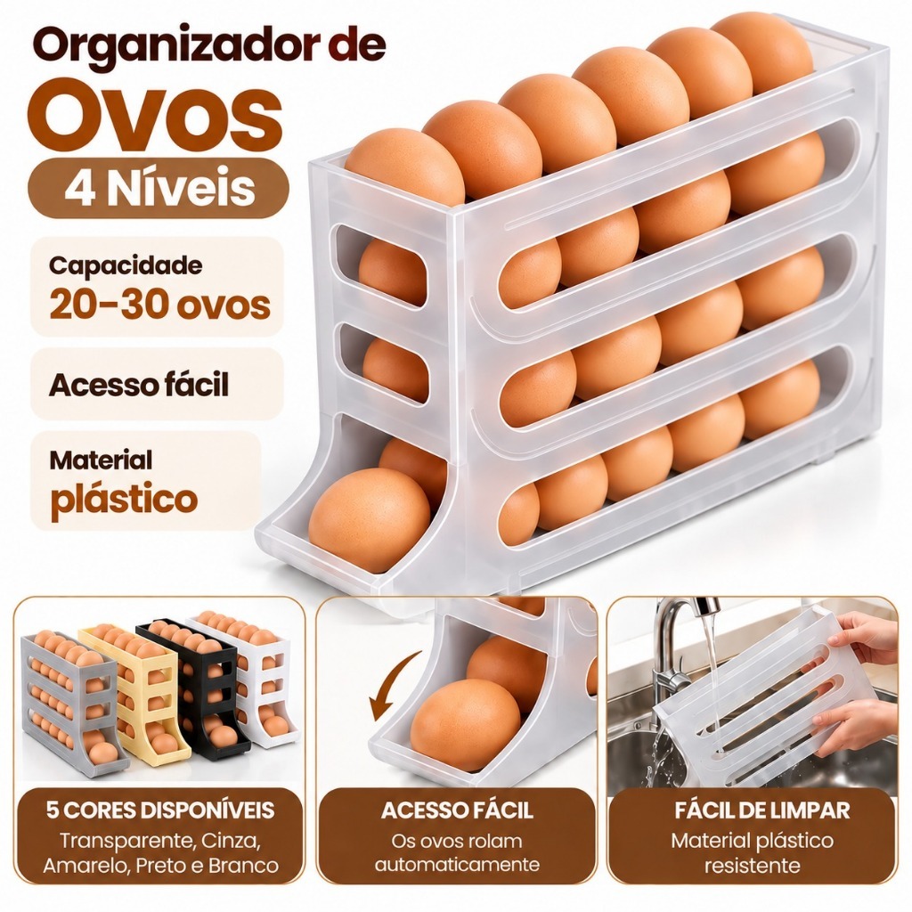 Porta Ovos para Geladeira 4 Andares Rolante Organizador Plástico Capacidade 20 a 30 Ovos