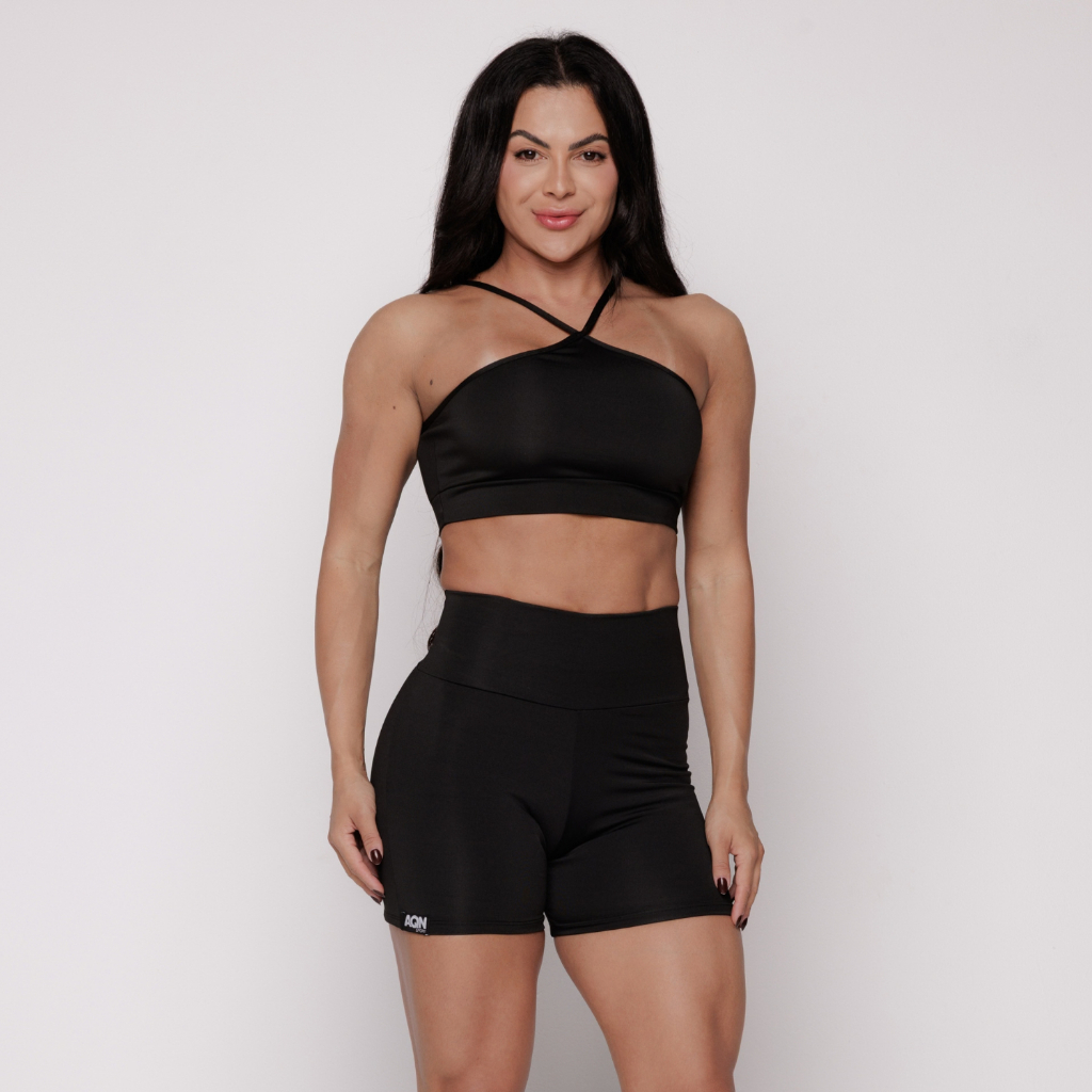 Short Academia Fitness Feminino Preto Cós Alto Forro Duplo Zero Transparência Grace AQN SPORT
