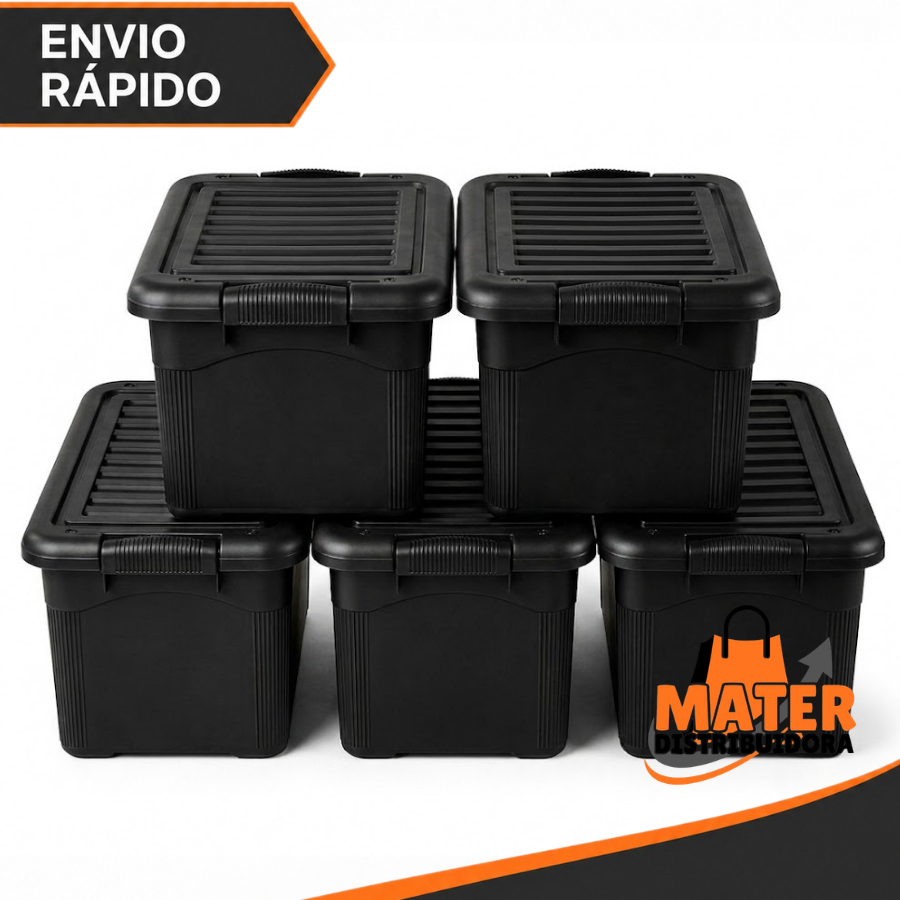 Kit 05 Caixas Organizadoras 95 Litros Preta Com Rodinhas Plástico Reforçado Com Tampa e Alças