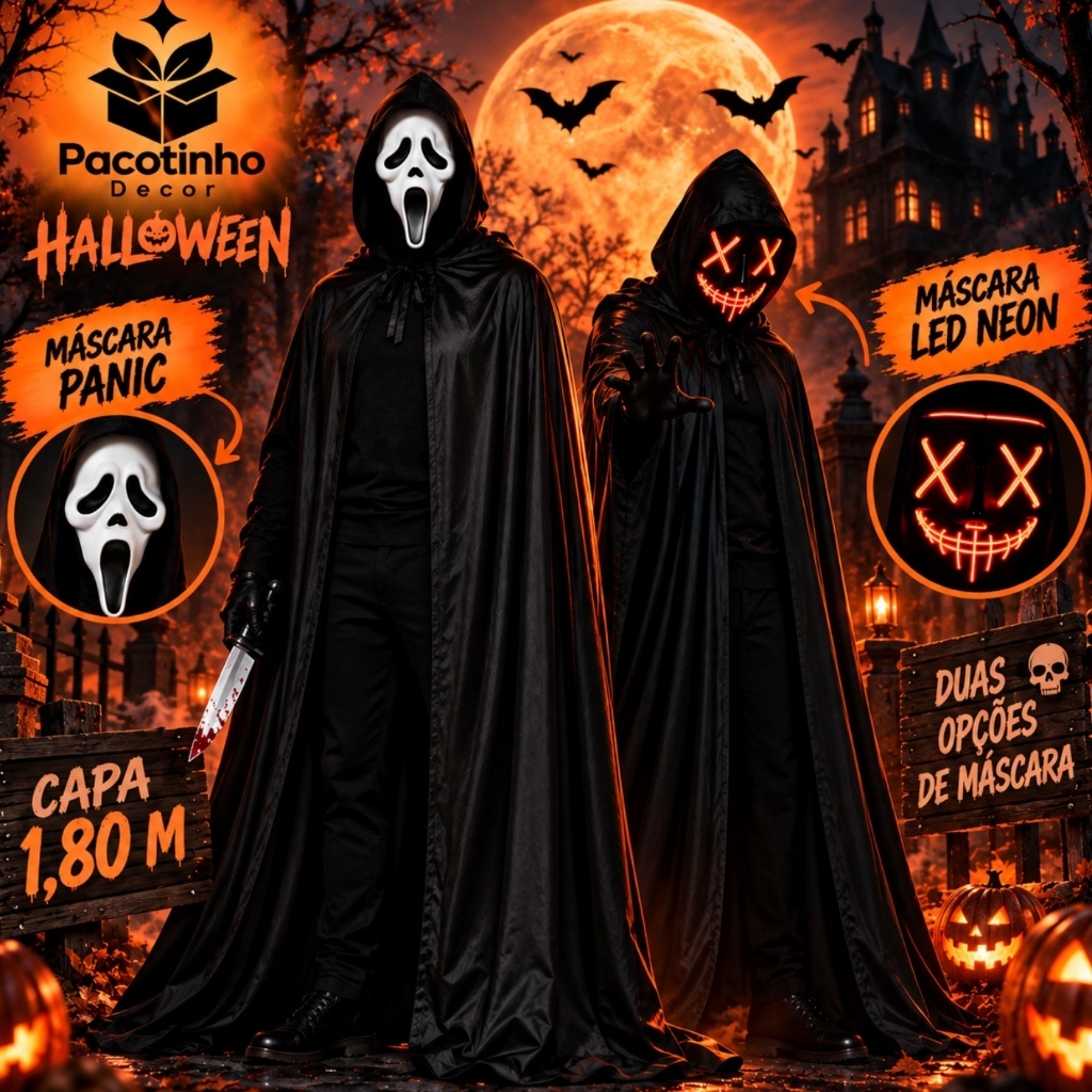 Kit Mascara Capa Fantasia Adulto Halloween Com Capuz Panico Cor Preto