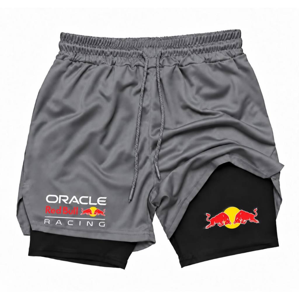 Short Masculino 2 em 1 Oracle Red Bull Racing Compressão Bermuda Academia Corrida Musculação Fitness Treino Esportivo