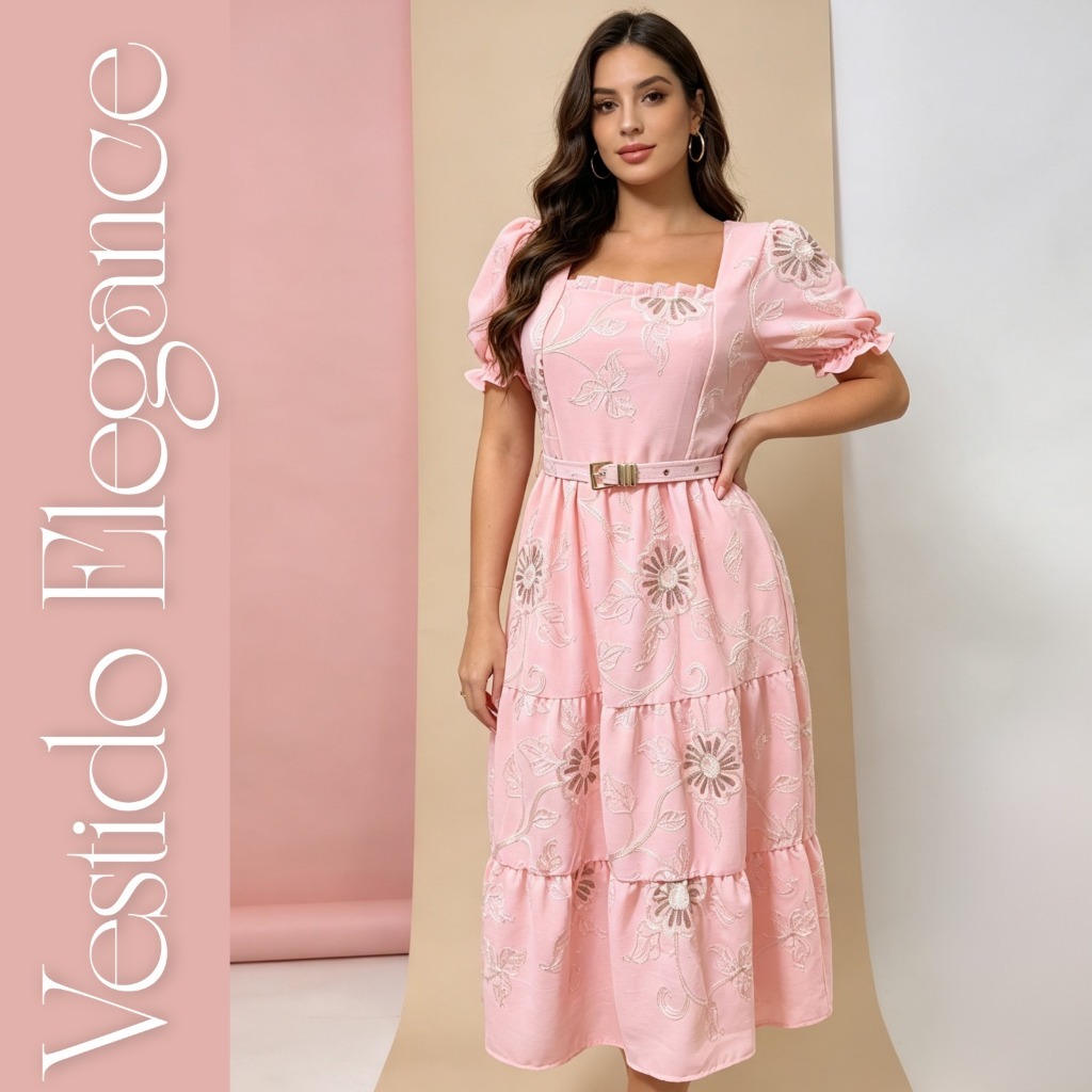Vestido Elegance //  Midi Bordado Floral com Cinto – Conforto e Estilo em Cada Detalhe Elegância que abraça você!