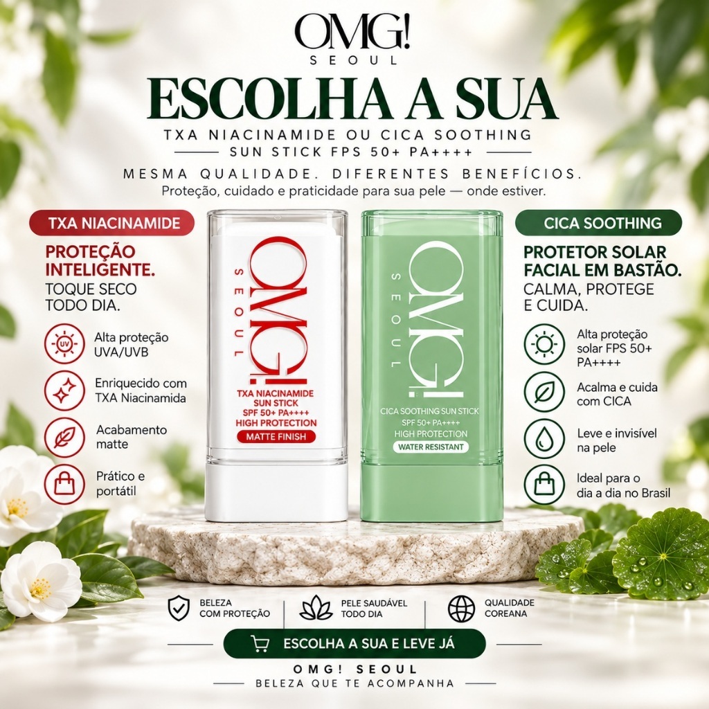 OMG Seoul Sun Stick FPS 50+ PA++++ TXA Niacinamida ou Cica Soothing Protetor Solar Facial em Bastão Skincare Coreano 18g