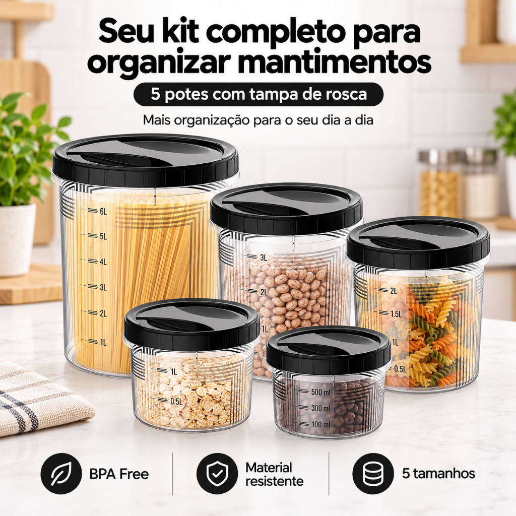 Kit 5 Conteineres Tampa de Rosca Alimentos Mantimentos Pote