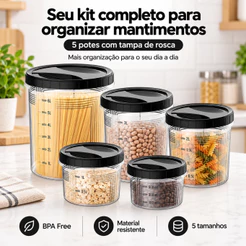 Kit 5 Conteineres Tampa de Rosca Alimentos Mantimentos Pote