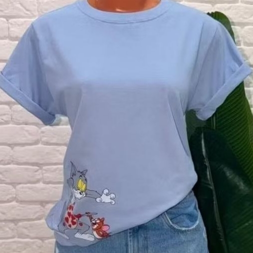 Camiseta Feminina Tom E Jerry T-Shirt Algodao Blusa Estampada Personagem Desenho Casual Confortavel