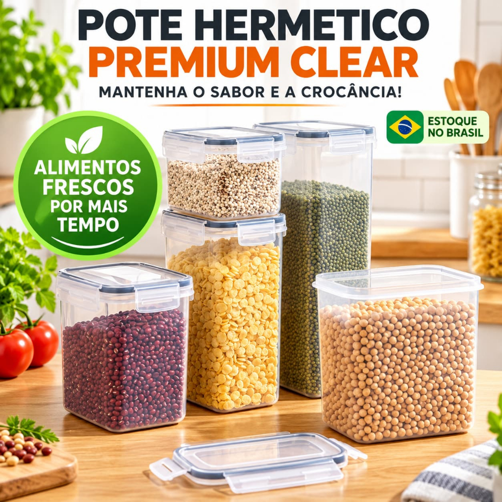 Pote Hermético Transparente Com Trava E Vedação De Silicone Porta Mantimentos Cereais Grãos Organizador De Despensa