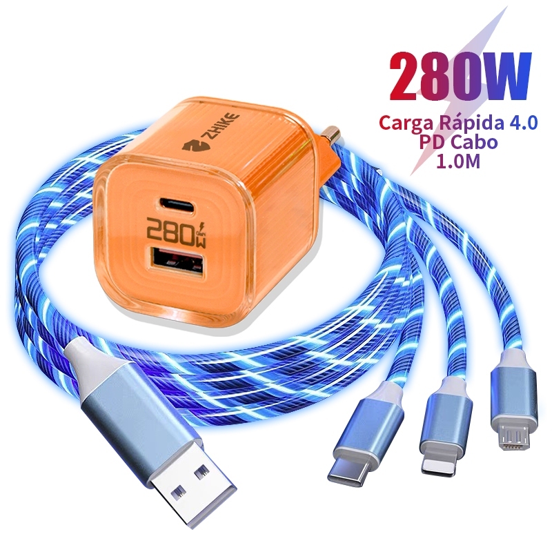 Kit Cabo Carregador Carregamento Rápido ZHIKE Adaptador GaN Tipo C V8 iP 3 em 1 LED Trançado 1M Dados Universal Viagem