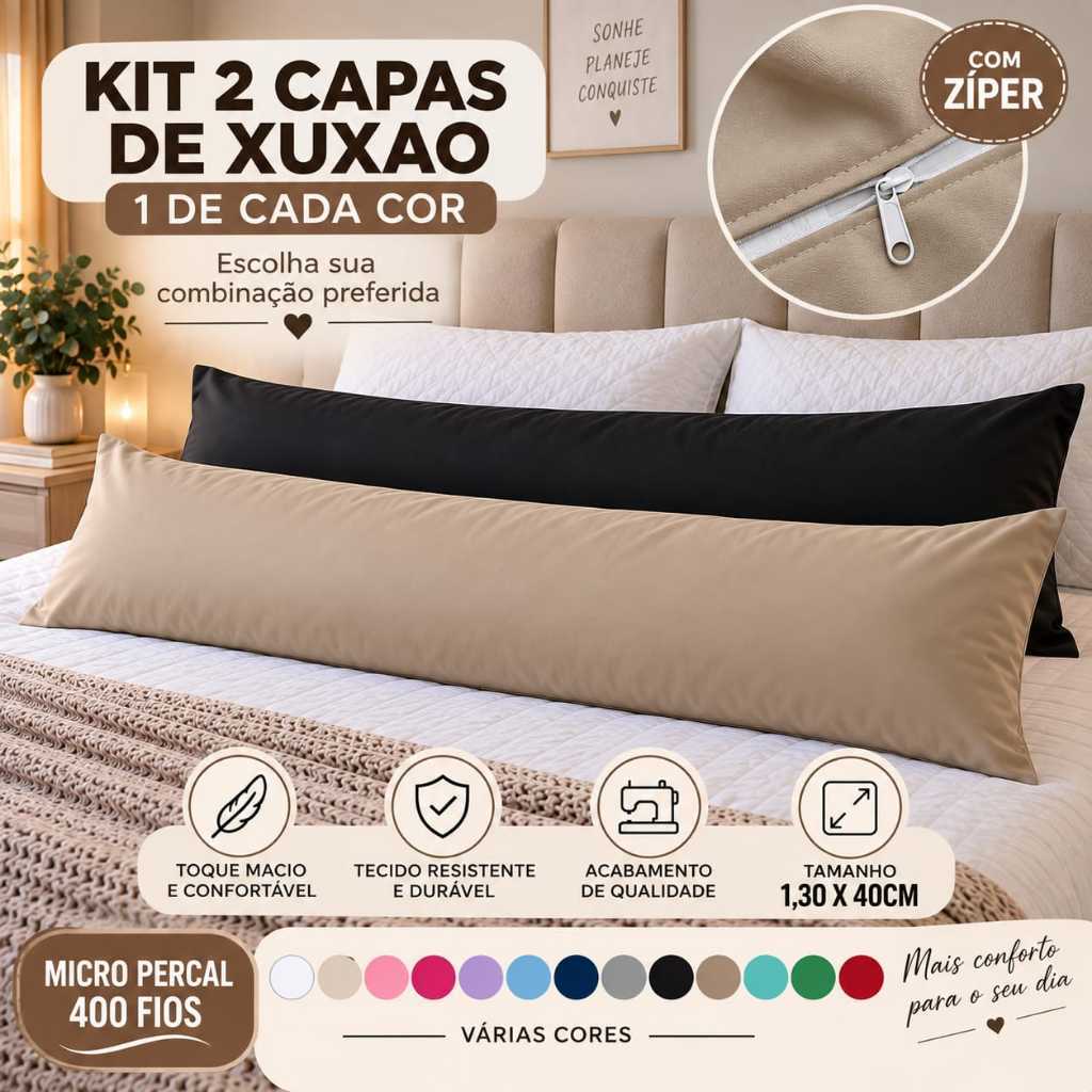 Kit 02 Fronhas Xuxão com zíper, Percal 400 fios, Fronha Travesseiro de Corpo, Grávida, Gestante