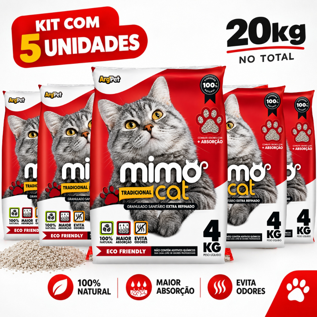 Areia Sanitária Higiênica Gato Mimo Cat Argila Natural Grãos Médios Forma Torrões Alta Absorção Premium 20Kg