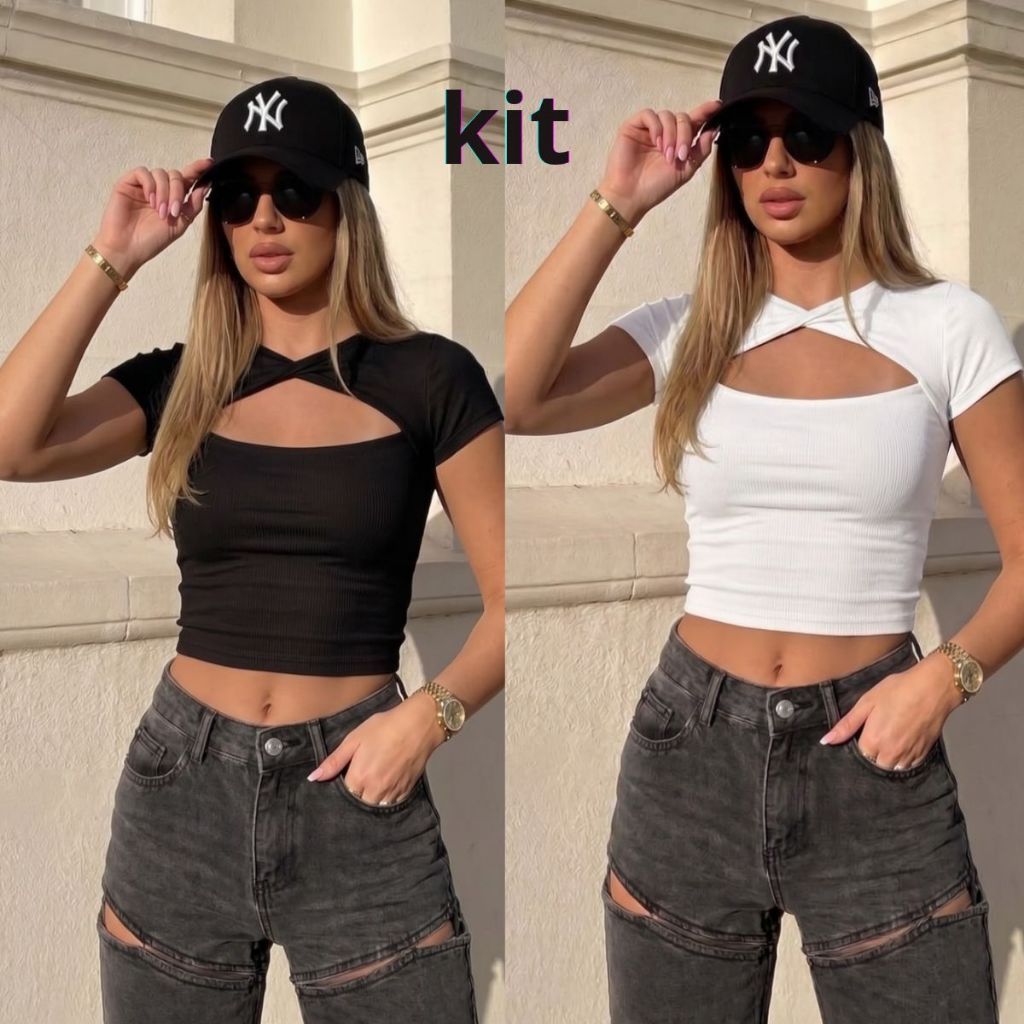 Blusa Feminina Estilo Slim Fit Manga Curta Blusinhas Academia da moda gringa Lançamento tendência preta verão kit Blusas