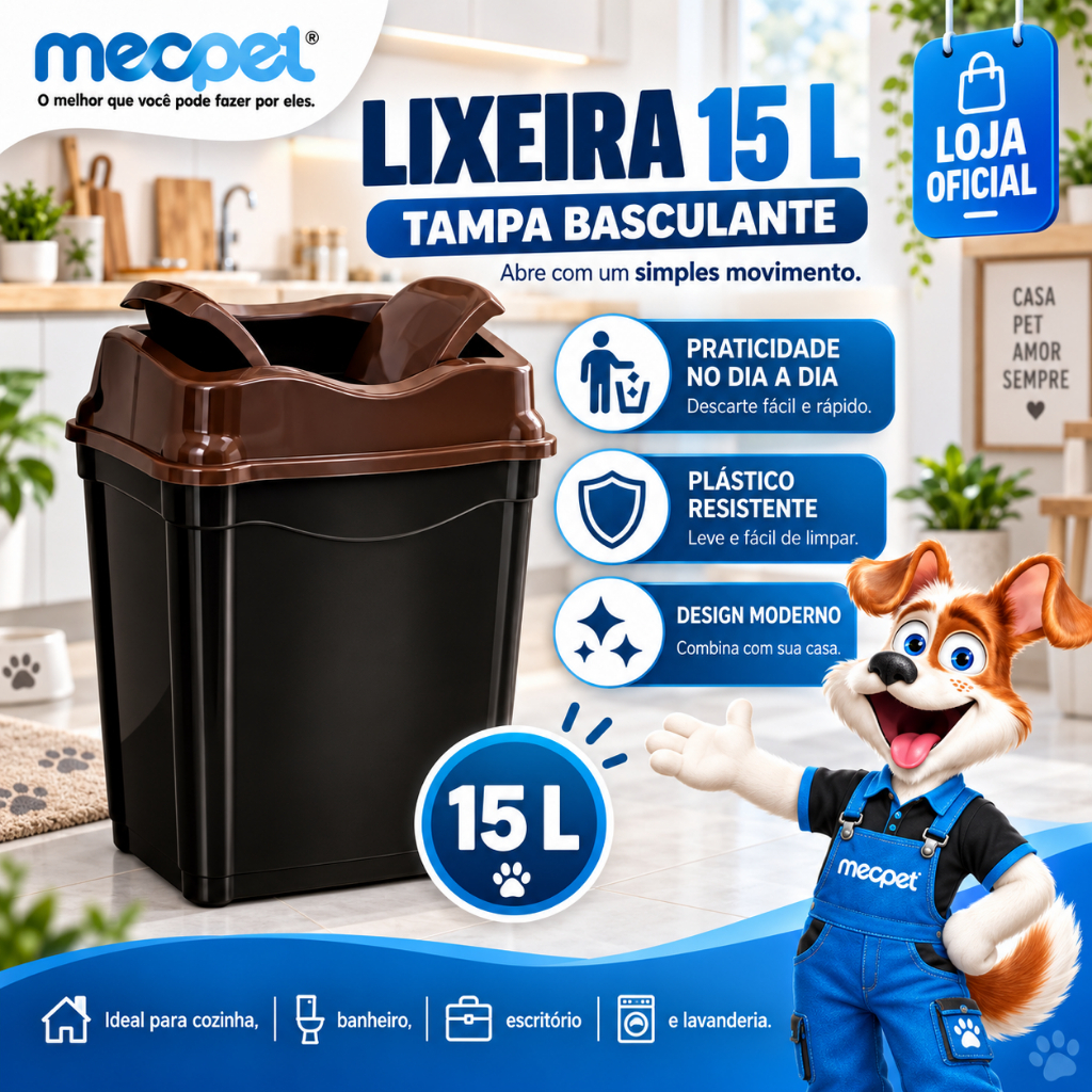 Lixeira Basculante 15L Prática e Higiênica Plástico Ultra Resistente Fácil de Limpar Banheiro Cozinha
