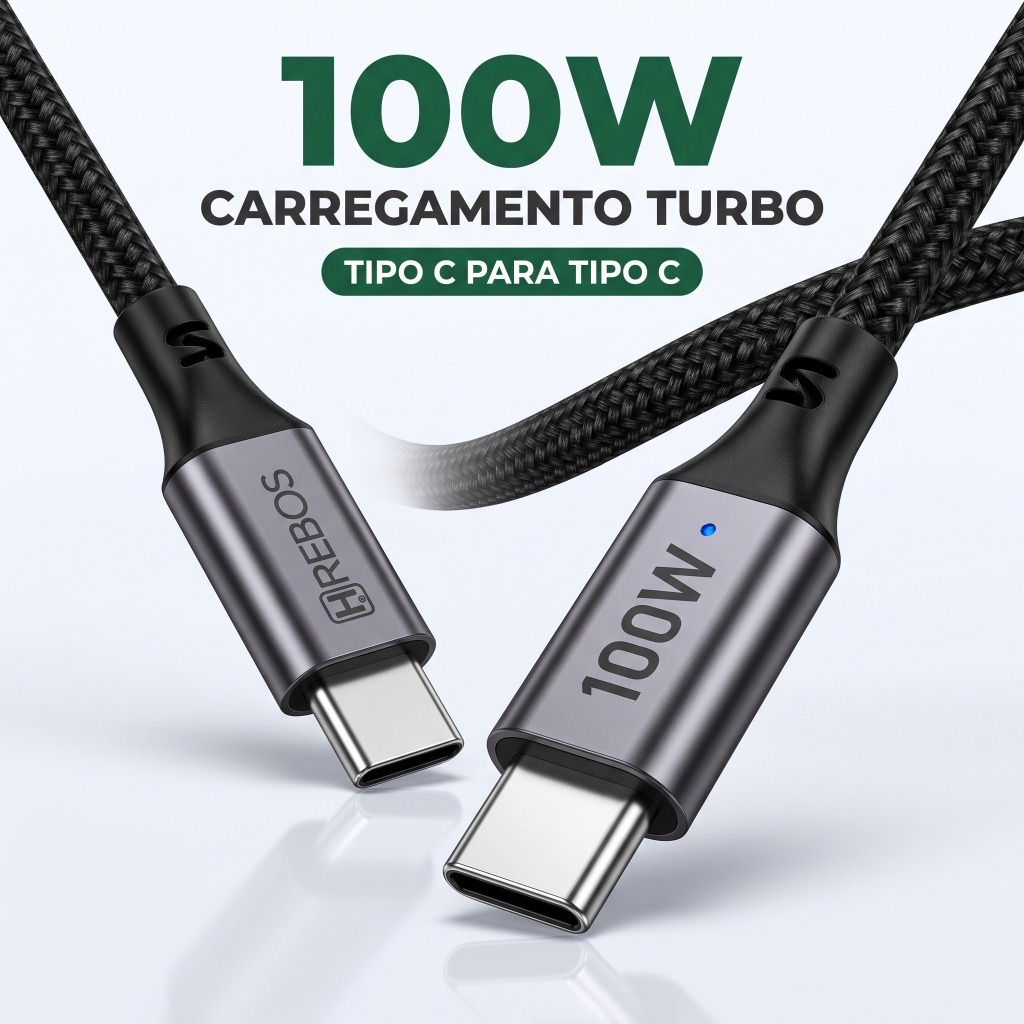 Cabo Tipo C para Tipo C 100W Turbo Nylon Trançado 1m Carregamento Rápido iPhone 15 16 17 Samsung Notebook