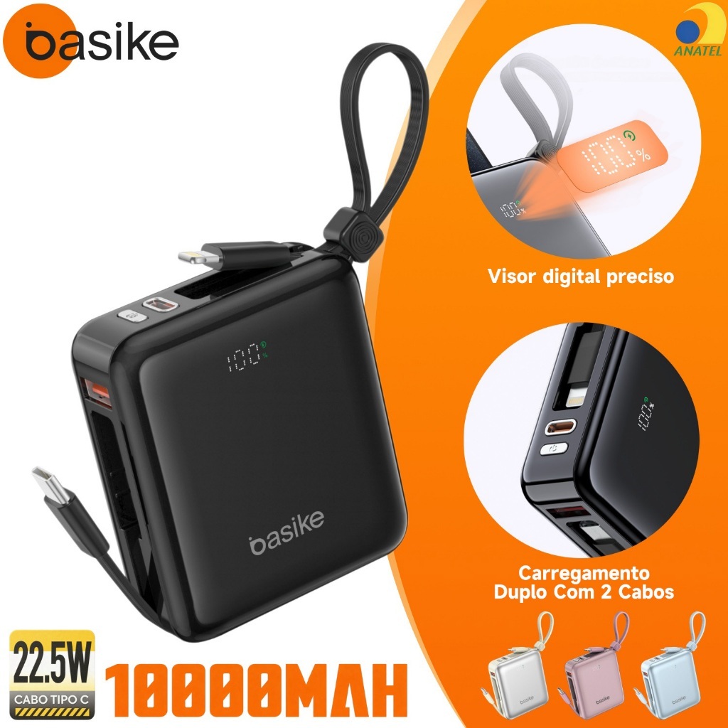 BASIKE Power Bank 10000mAh Mini PD 22.5W Carregamento Duplo Com 2 Cabos