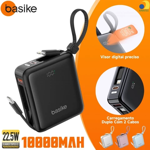 BASIKE Power Bank 10000mAh Mini PD 22.5W Carregamento Duplo Com 2 Cabos