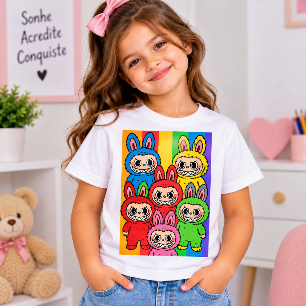 Camiseta Infantil Estampada Coelhinhos Coloridos Algodão Unissex Várias Cores Malha 100% Algodão