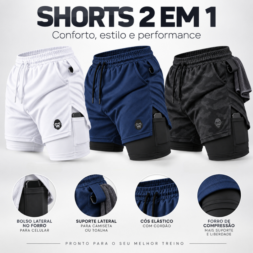 Bermuda Masculina Kong 2 em 1 Dry Fit com Forro Compressão Shorts Academia Corrida Musculação