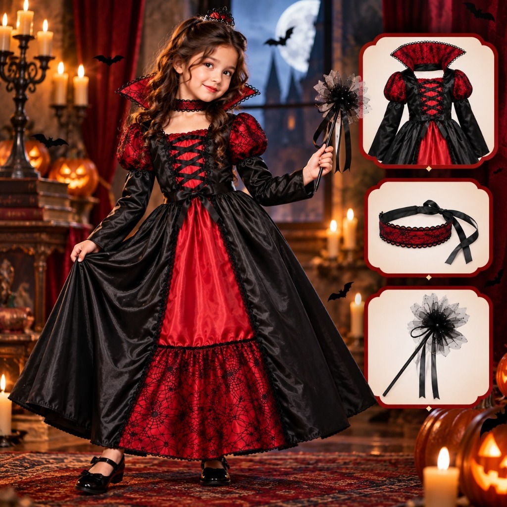 Fantasia de Vampira Infantil com Colar Festa Halloween