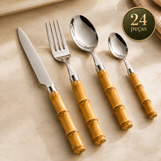 Jogo de Talheres 24 Peças Inox Cabo Bambu Faqueiro Completo Garfos Colheres Facas Luxo