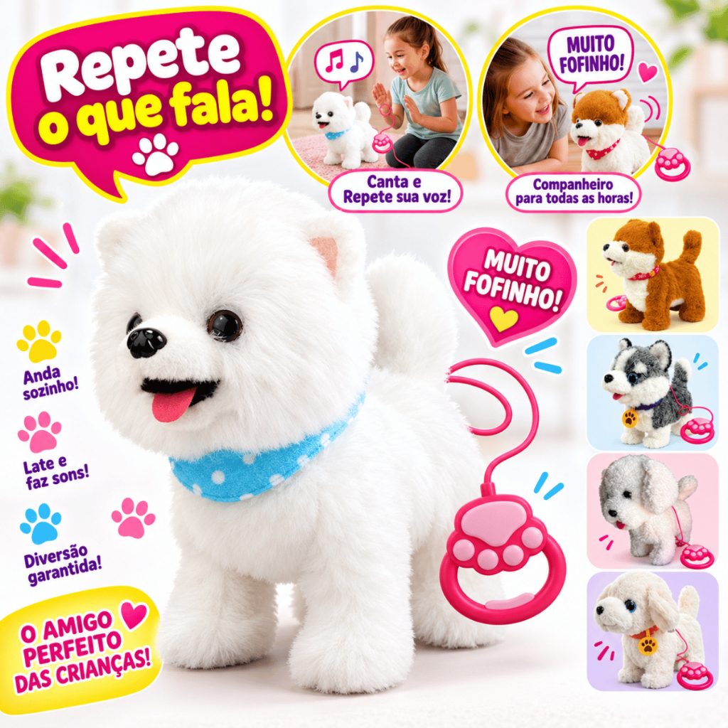 Cachorro de Pelúcia Interativo Anda Canta Repete Frases Brinquedo Pet Coleira