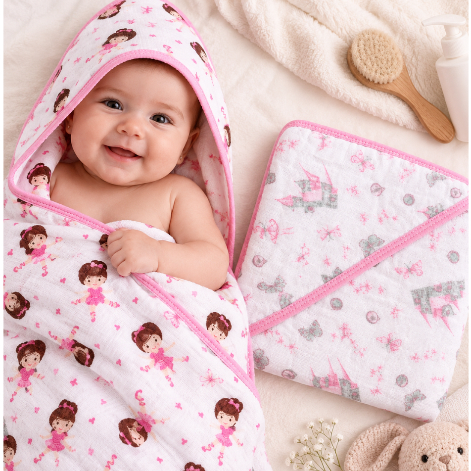 Kit 2 Toalhas Bebê com Capuz 70x70 Toalha de Banho Soft Fralda 100% Algodão