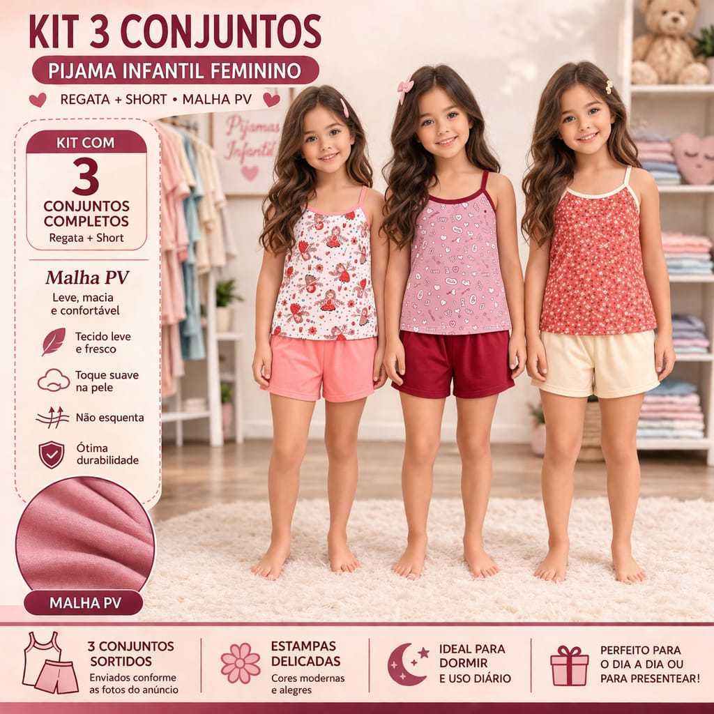 Kit 3 Pijamas Infantis Menina Verão Regata E Short Malha PV Conjunto Curto Estampas E Cores Sortidas Tam 4 Ao 12