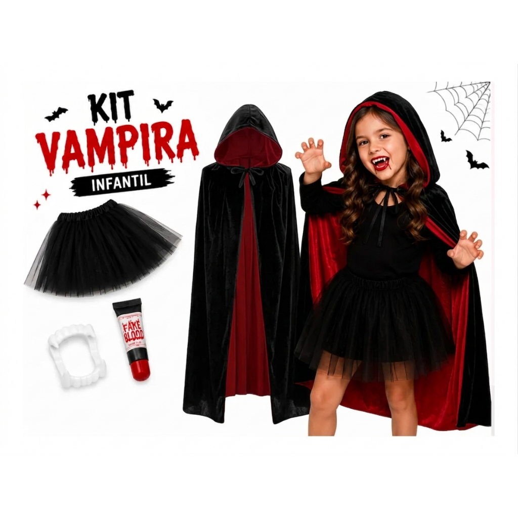 Fantasia De Vampira 04 Peças Infantil Menina Halloween Carnaval Festa 80cm