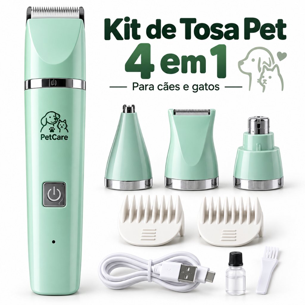 Máquina de Tosa Pet 4 em 1 para Cães e Gatos Recarregável USB Aparador de Pelos Patas Unhas Baixo Ruído
