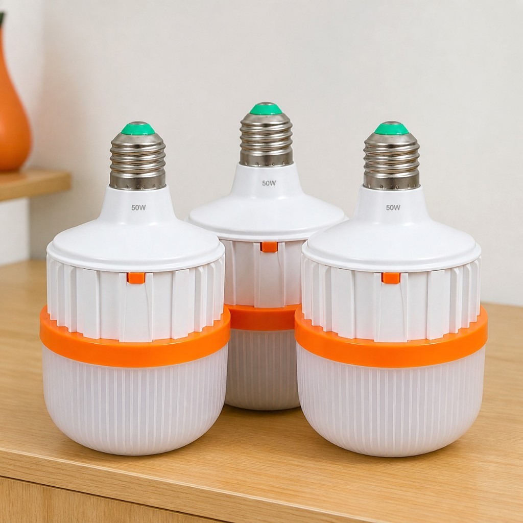 Kit 3 Lâmpadas Led Emergência Recarregável 50w Bivolt E27 Luz Branca Fria Para Casa Comércio Apagão Falta De Energia