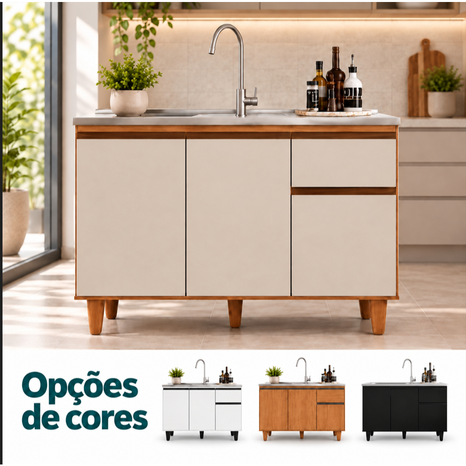 Balcão para Pia sem Tampo 1,20m | 3 Portas | 1 Gaveta | MDP/MDF | Cozinha Moderna