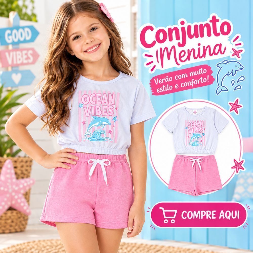 Conjunto Infantil Menina Verão Blusa Cropped 100% Algodão Shorts Moletinho Confortável com Elástico