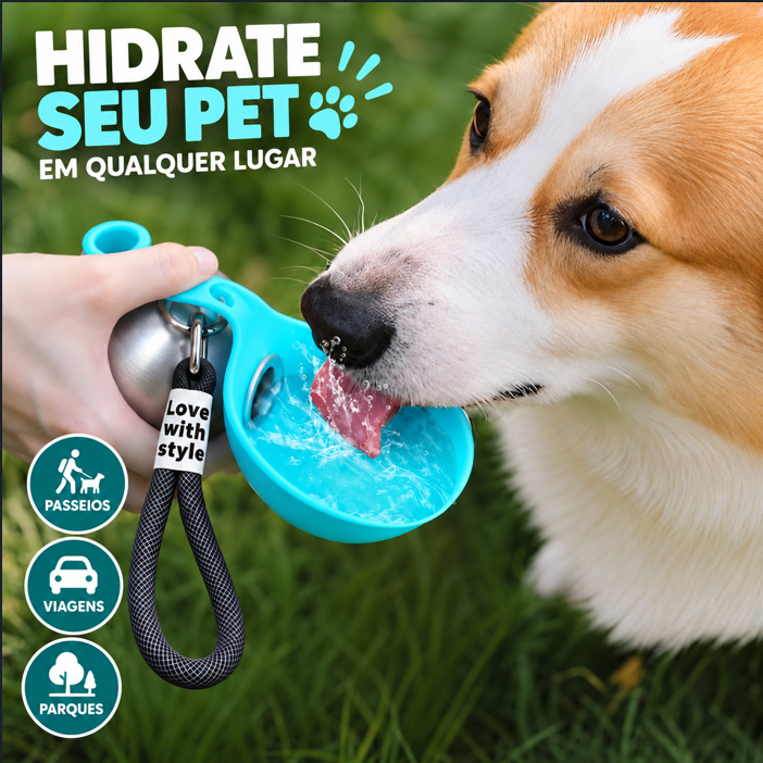Garrafa Pet com Bebedouro Integrado em Silicone e Aço Inoxidável para Cães, Passeios, Viagens, Parque e Caminhadas