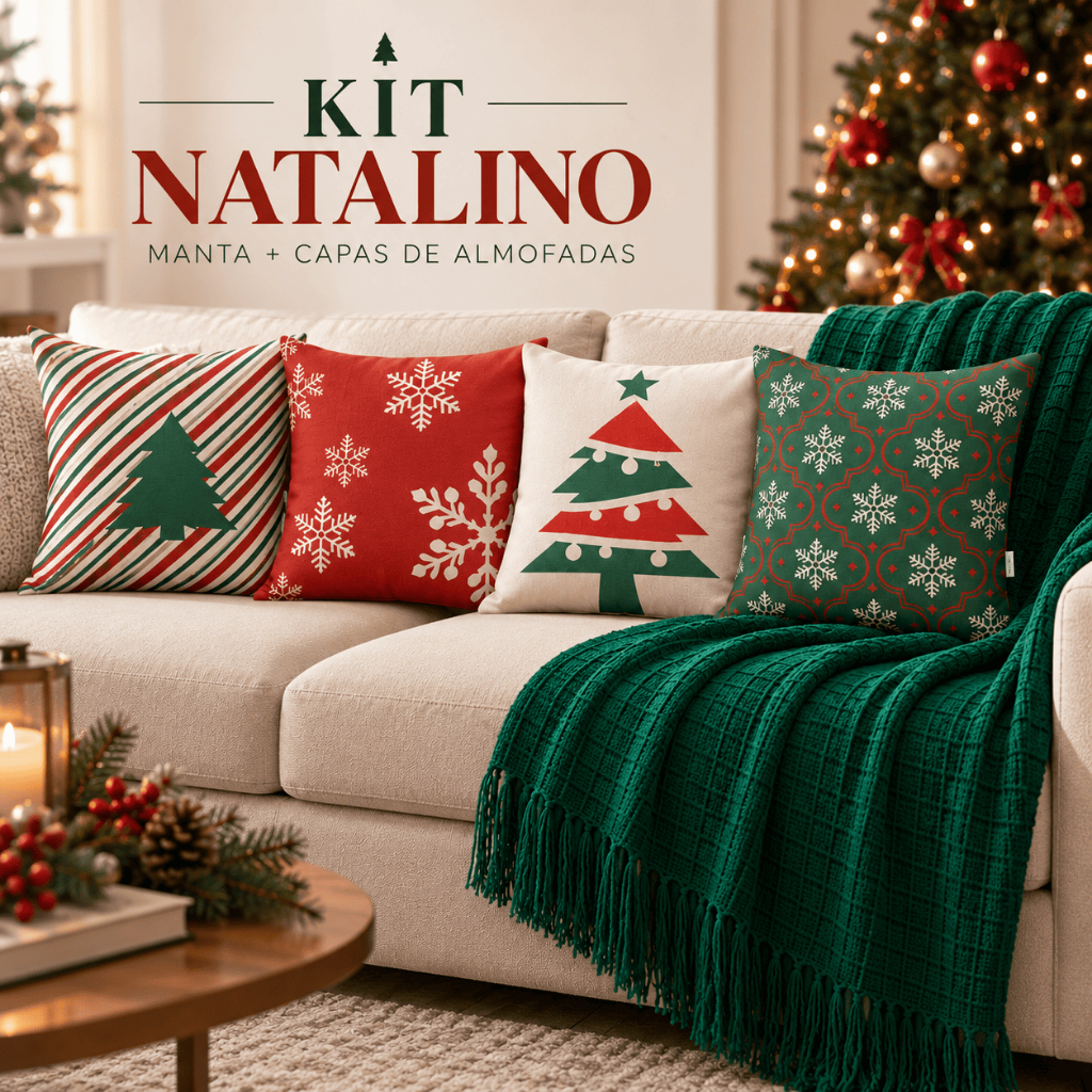 Kit Natalino para Sofá 5 Peças 4 Capas de Almofada + Manta Decoração de Natal