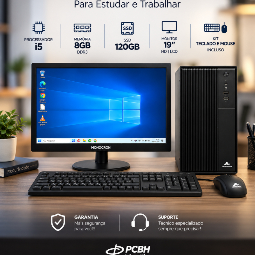 Computador Intel i5, 8GB, SSD 120GB Completo para Trabalhar e Estudar, Windows 10, Office, Monitor e Kit