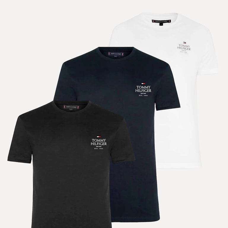 Kit Camisetas Tommy Hilfiger | Masculina Stack Brand Love Preta/Branca/Azul Marinho