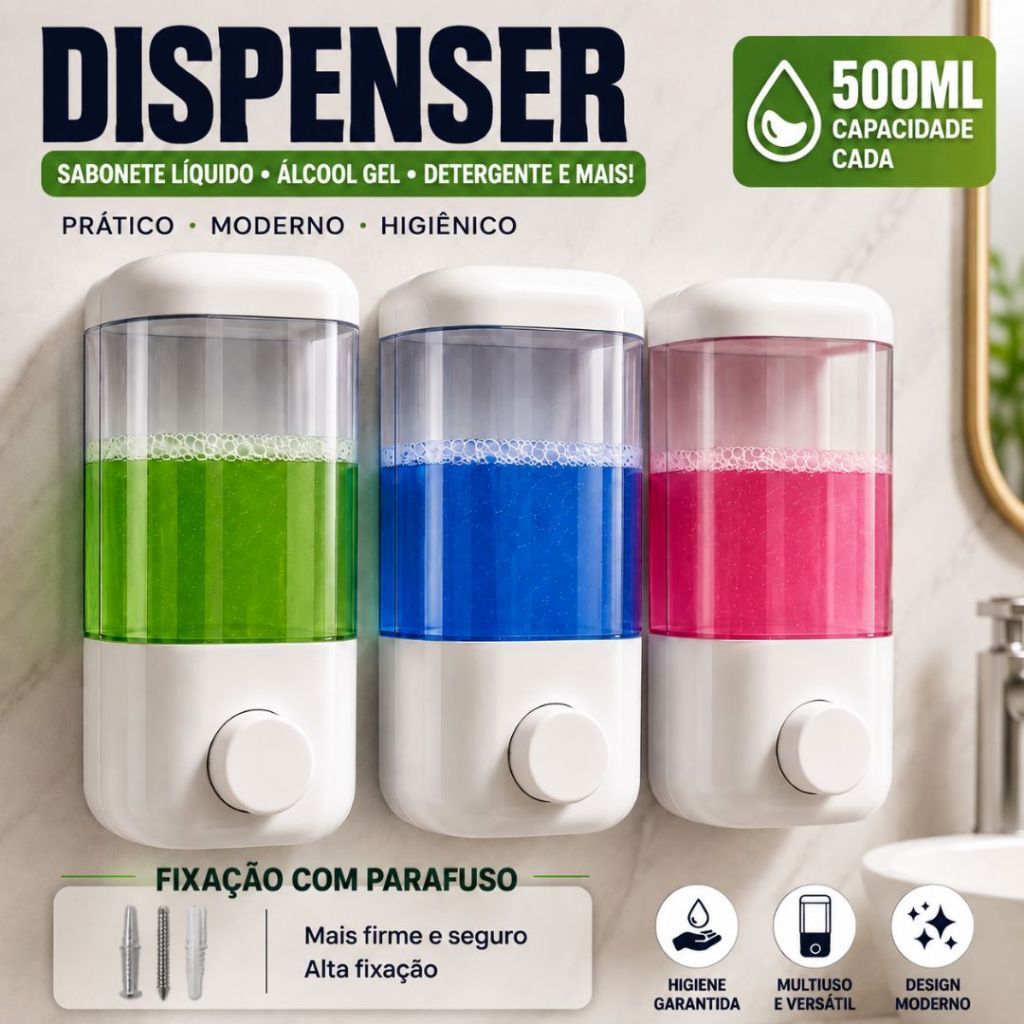 Dispenser Sabonete Líquido Parede 580ml Porta Álcool Gel Shampoo Detergente Banheiro Cozinha