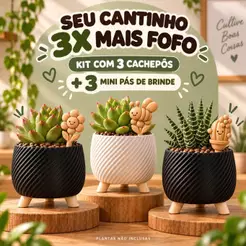 Kit 3 ou 6 Vasos Cachepot Pequenos com Pés para Suculentas e Cactos Decoração Sala Rack + 3 Mini Pás