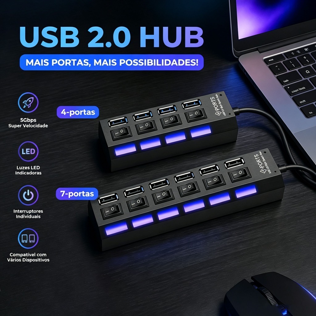 Adaptador Hub USB 2.0 7/4 Portas 5Gbps para Mouse Teclado Pen Drive Computador Laptop