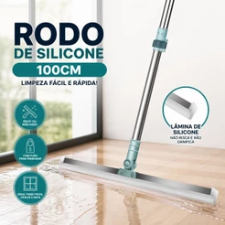 Rodo de Silicone 100cm Cabo Longo Com Gancho Uso Duplo Seco e Molhado para Piso e Vidros Vassoura Mágica