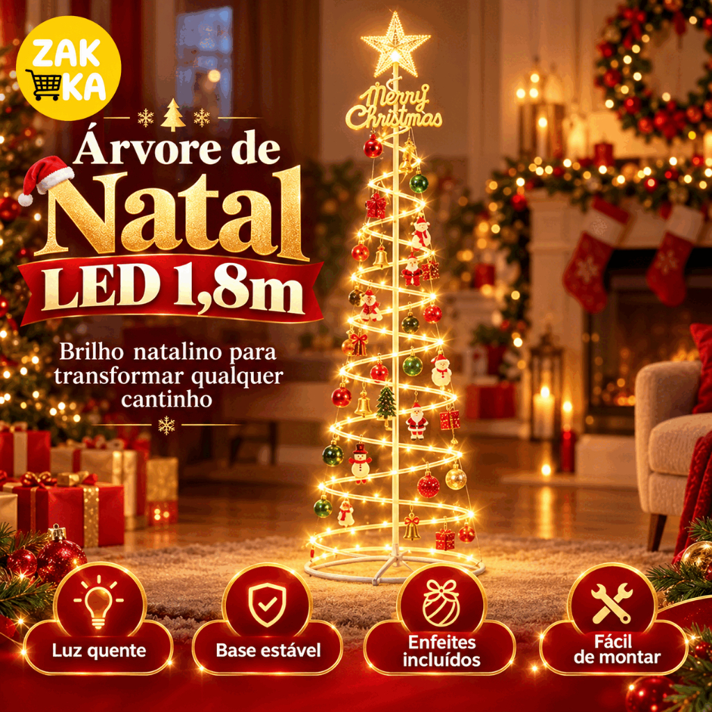 Árvore de Natal LED 1,80m Espiral com Estrela Iluminada e Enfeites Inclusos para Decoração