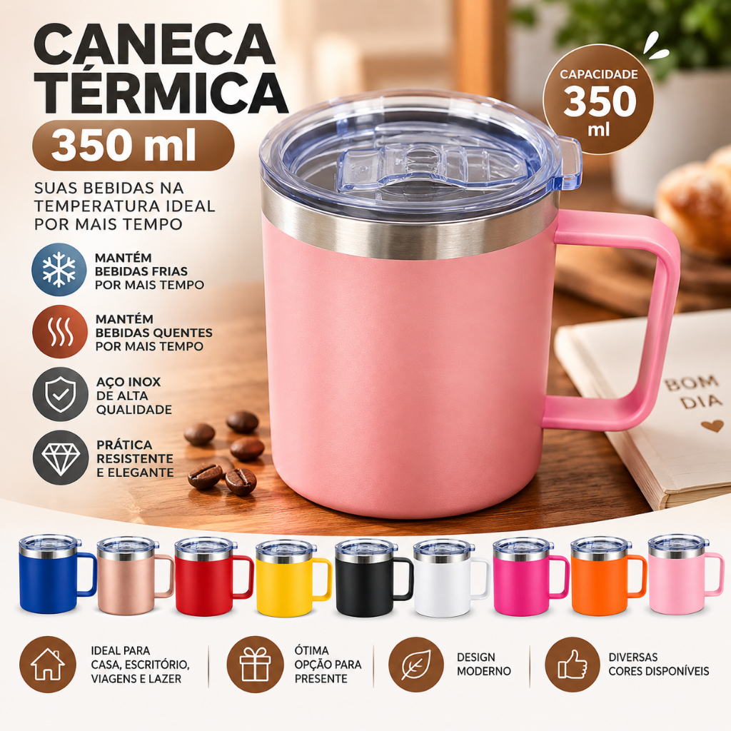 Caneca Térmica Quente Frio Inox Com Tampa e Alça 350 ml