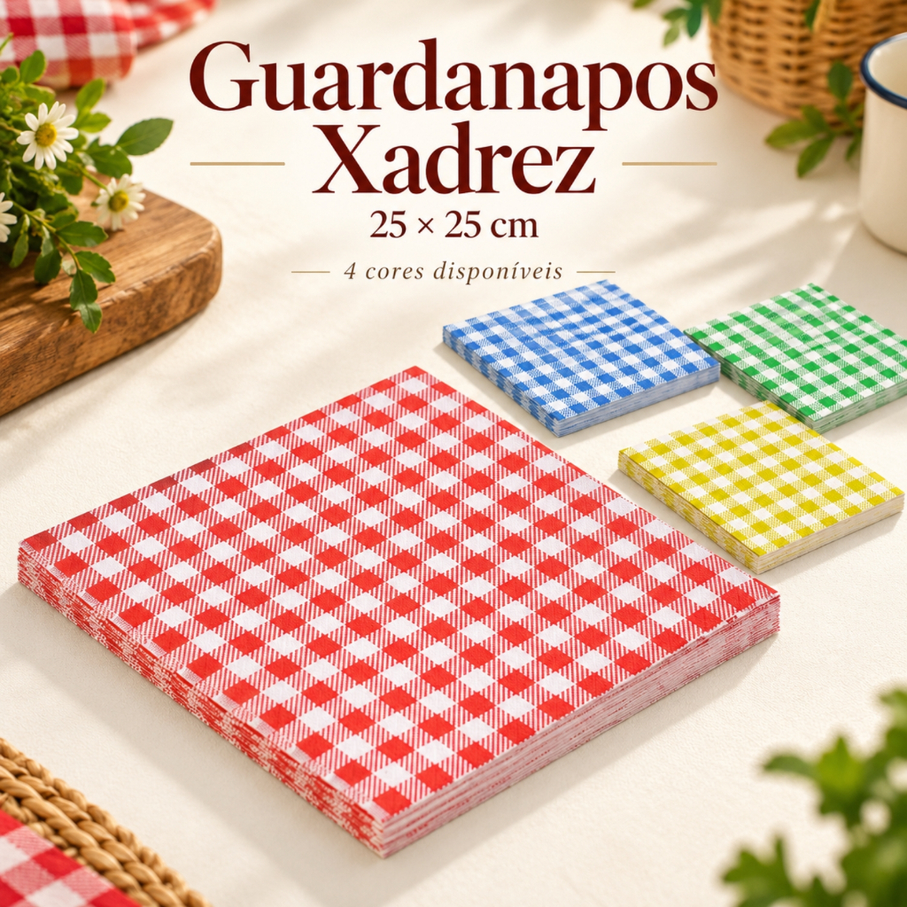 Kit Guardanapos Papel Xadrez Folha Dupla 25cm Mesa Posta Festa Junina - 20 até 100 Unidades