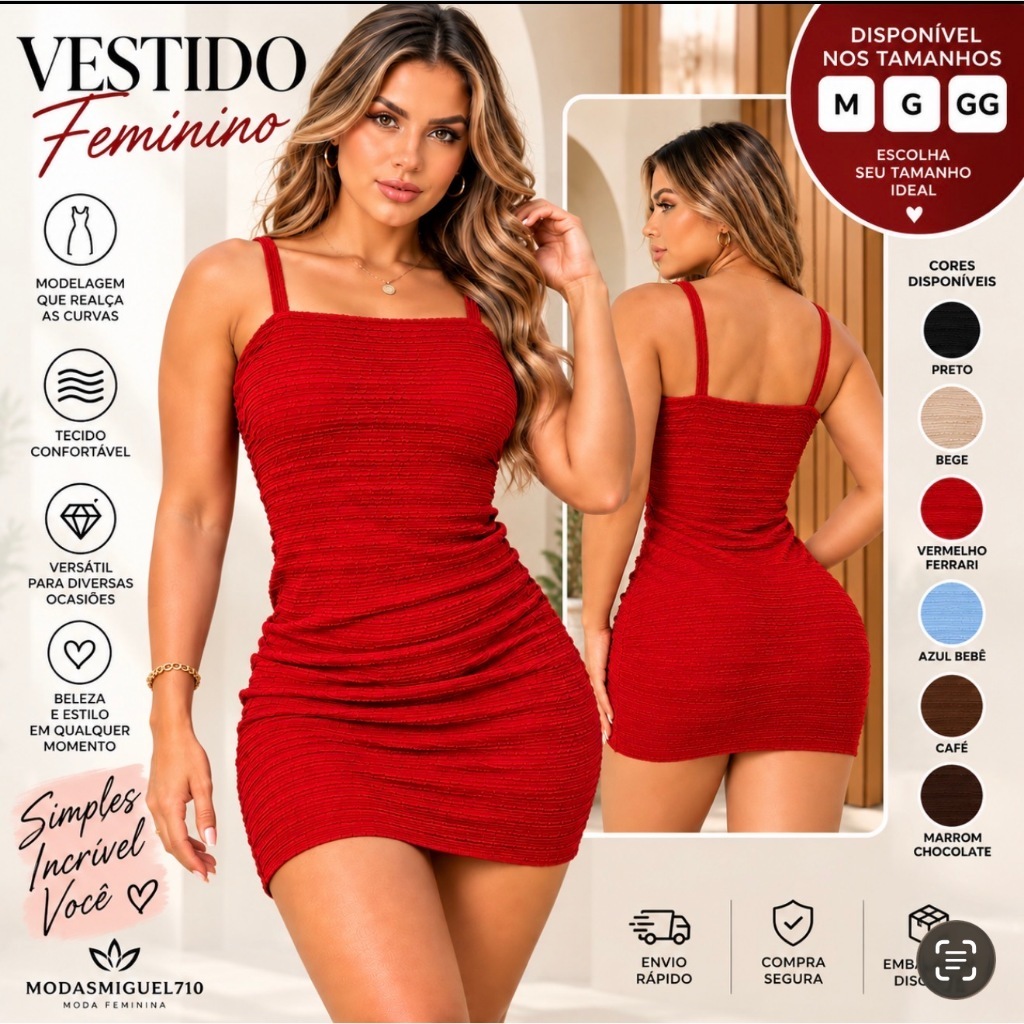 Vestido Feminino Curto Malha Bubble Alça Fina Decote Reto Justo ao Corpo