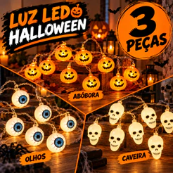 Varal Pisca Halloween Cordão 10 Luzes Led Decoração Abóbora Lâmpada Luz Caveira Fantasma Olho Festa