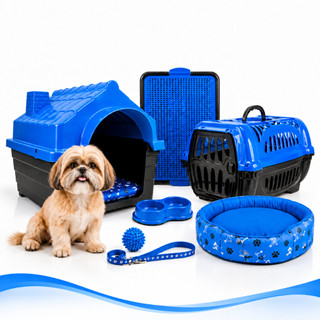 Kit Coleira Casinha Caixa De Transporte Cama Para Cachorro Pequeno Caminha Europa Comedouro