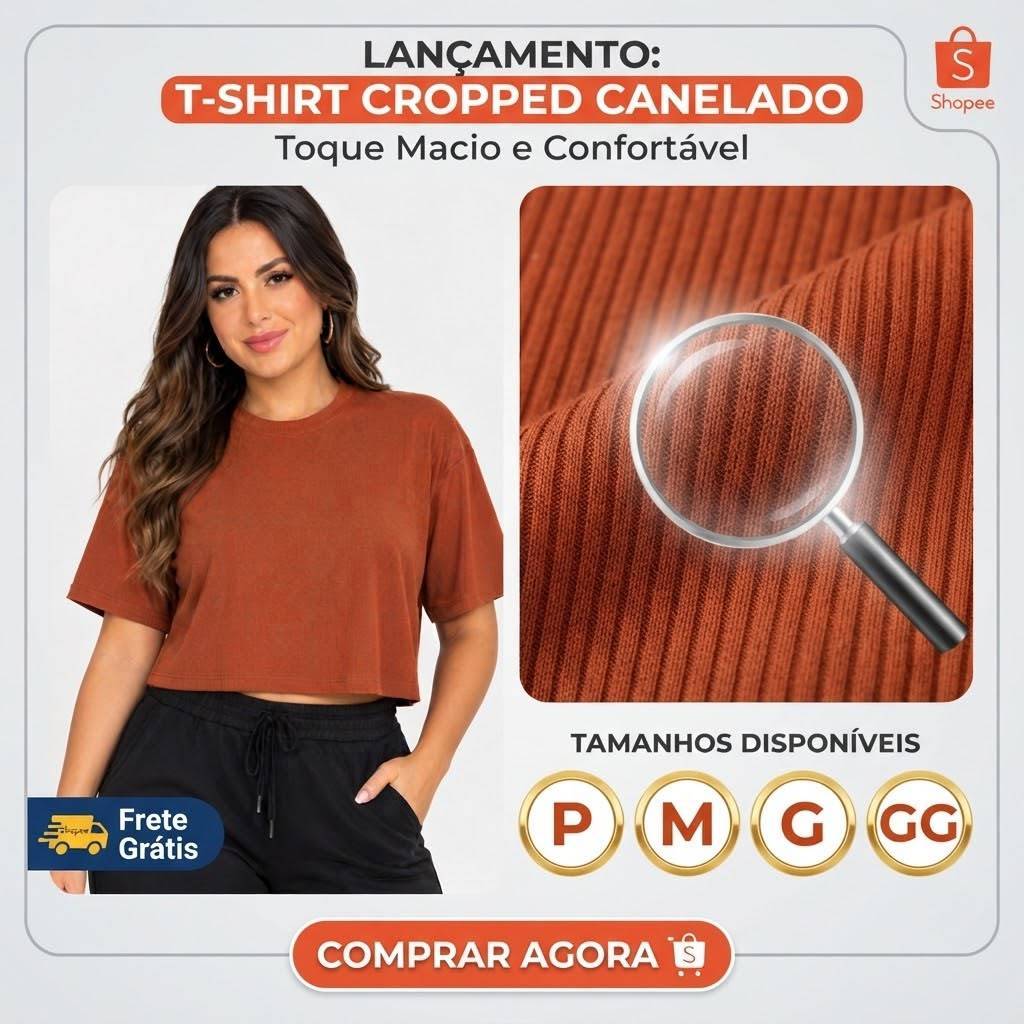 Camiseta  T-Shirt Cropped Gola Redonda Canelada Feminina Toque Macio e Confortável Manga Curta Marrom