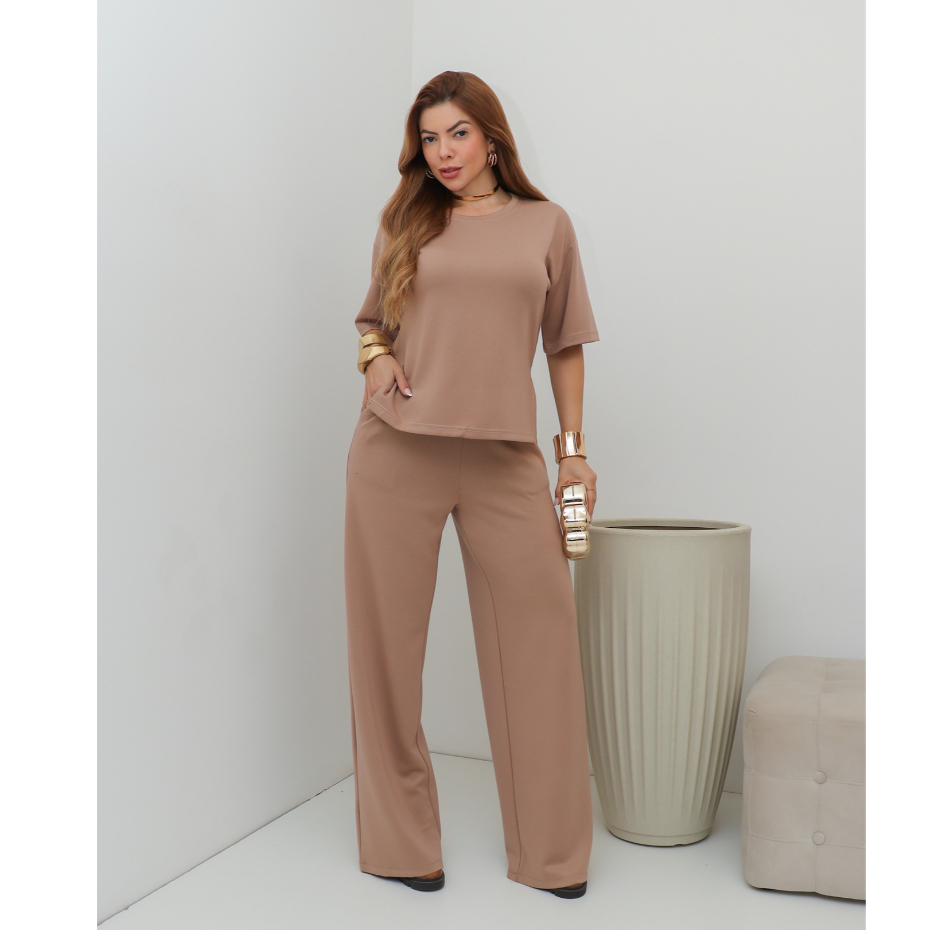 Conjunto Feminino Blusa Manga Curta e Calça Pantalona Cintura Alta Elegante 3RD SD4217