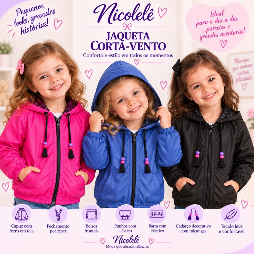 Jaqueta Corta Vento Infantil Menina com Capuz Feminina TAM 1 2 3 ROSA AZUL PRETA